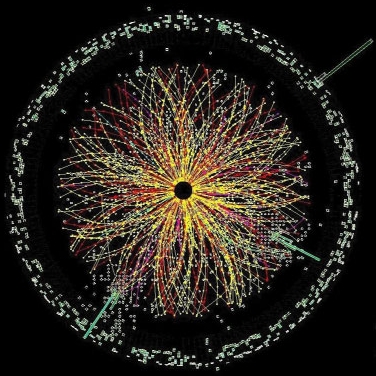 Computer reconstruction of the decay of a supersymmetric particle in the CMS detector